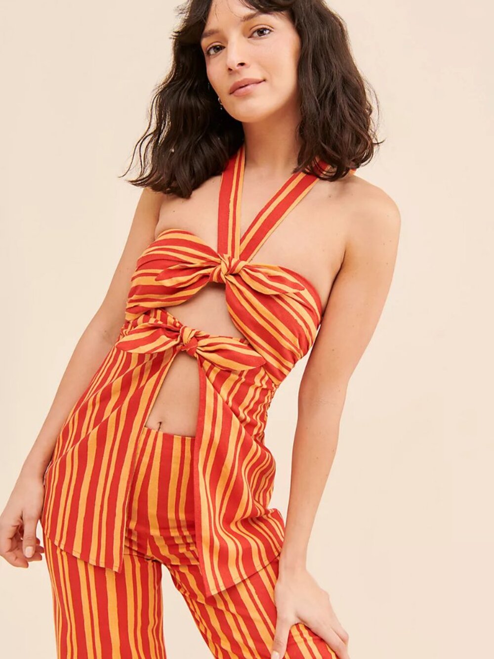 Simon Miller Lure Orange & Red Striped Linen Halter Cut Out Top 2